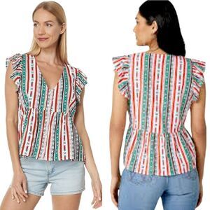 Wrangler Retro Southwestern Short Ruffle Sleeve Pearl Button Down Blouse Medium